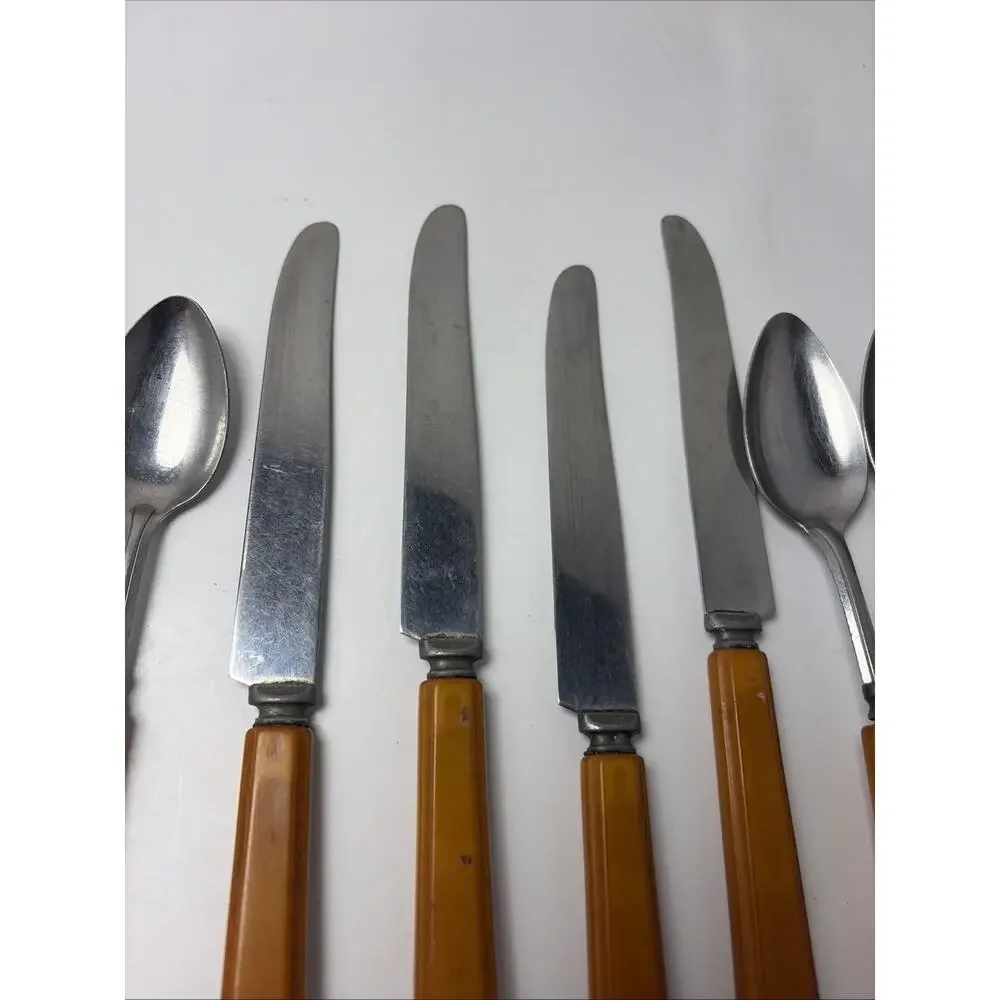 Vintage Butterscotch Bakelite Stainless Flatware 6 Teaspoon, 4 Knives,5 Spoons